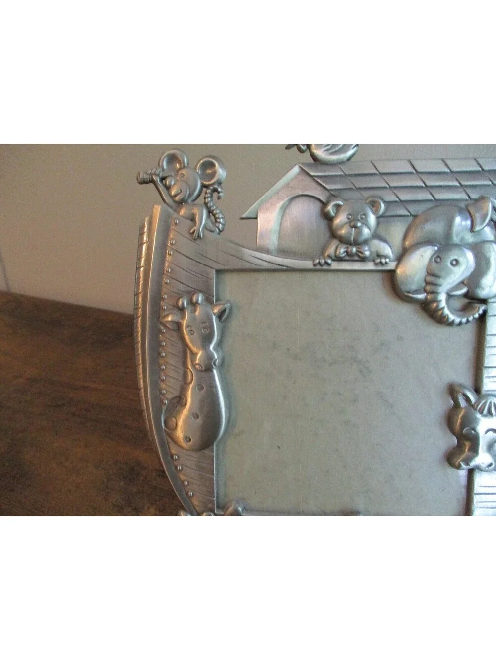 Vintage Noahs Ark Pewter Picture Frame 3D Baby Animals Silver Tone Nursery Decor